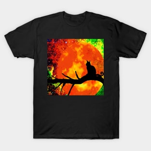 BLACK CAT FIRE HARVEST MOON BLACK TREE T-Shirt